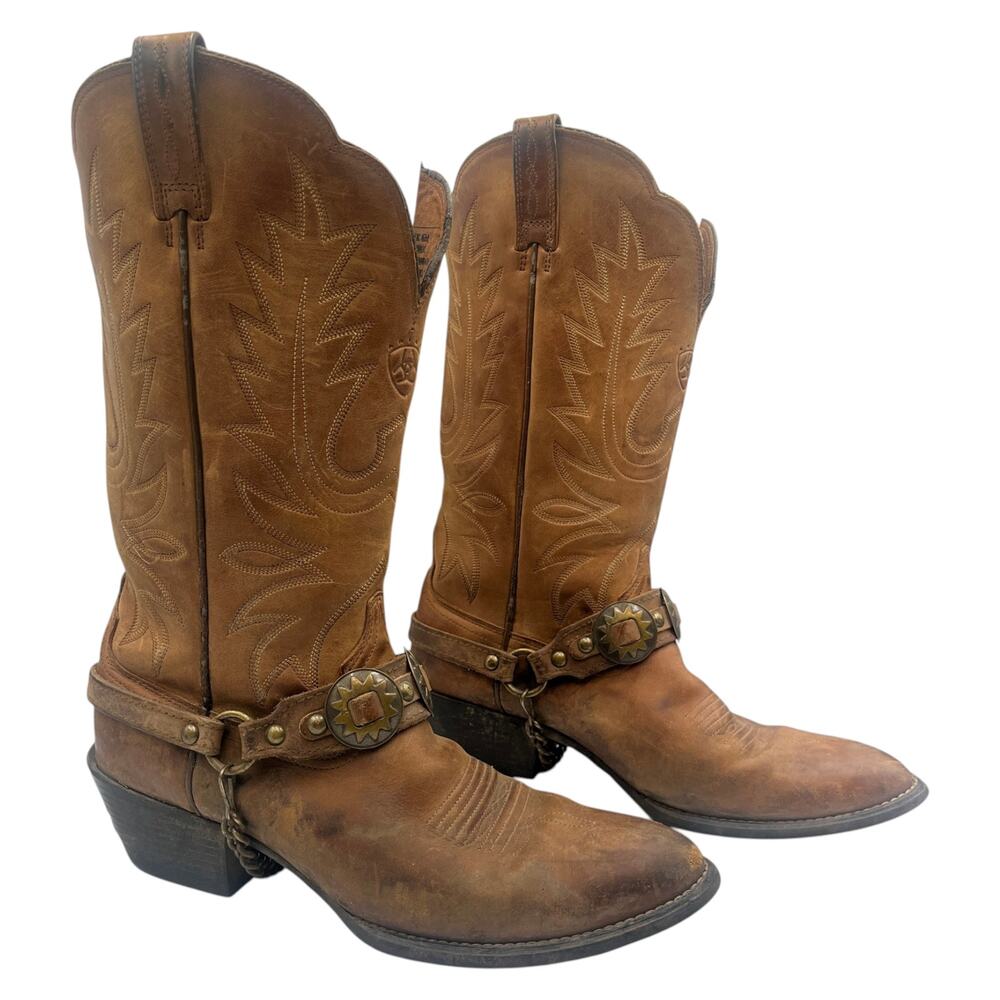 Ariat Heritage Harness Cowboy Boots Distressed Brown Leather Concho Womens 8.5 B